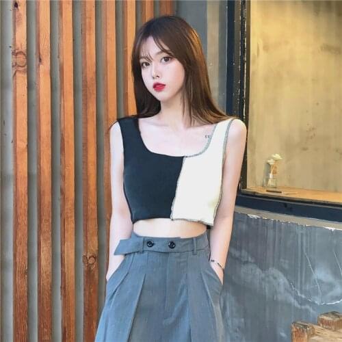 Casual Crop Top Women Summer 2021 Korean Style Streetwear Color Patchwork Bodycon Cropped Tank Top Knit Sleeveless Top T609