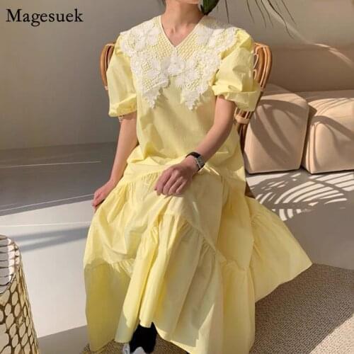 Korean Chic Plus Size Summer Dress Women Lace Stitching Loose Yellow Womens Dress Elegant Lapel Puff Sleeve Long Dress 14302