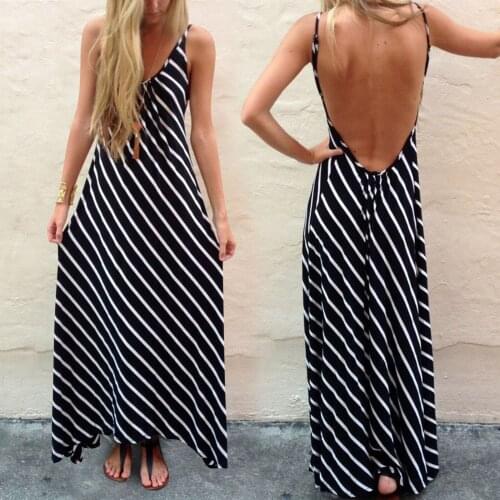 Woman Open Back Beach Striped Dress Spaghetti Strap Round Neck Ankle-length Dress Ropa Mujer Robe Femme Платье 2021 Платья
