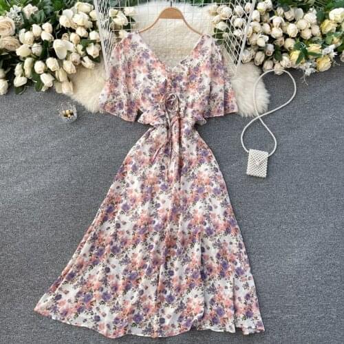 2021 summer new sweet little fresh dress chiffon print V-neck dress drawstring trumpetsleeve waist slimming dress women