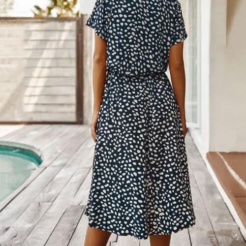 066F Women Summer Short Sleeve Button Up V-Neck Midi Long Dress Vintage Dot Print Drawstring High Waist Flowy Beach Sundress