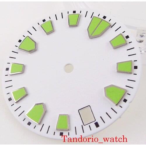 28.5mm White Dial With Green Marks For NH35 Automatic Movement Date Window High Quality Watch Parts