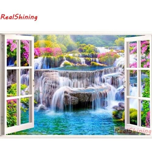 5D Diy Diamond Painting Cross Stitch full Square Diamond Embroidery Waterfall windows and flowers picture for room Decor H2486