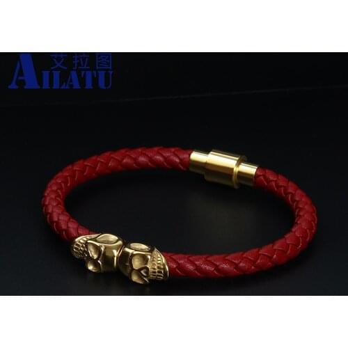 Ailatu 10pcs/lot Gold Double Skull Bracelet Top Quality Genuine Leather Skeleton Charm Stainless Steel Clasp Mens Jewelry