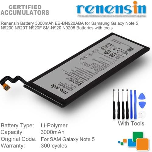 Renensin Battery 3000mAh EB-BN920ABA for Samsung Galaxy Note 5 N9200 N920T N920F SM-N920 N9208 Batteries with tools