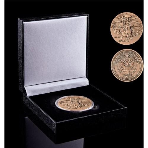 US Army Brass Challenge Coin AH-64 Helicopter Novelty American Token Coin Collection W/ Protection Box