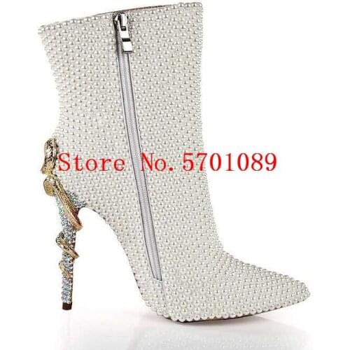 Pearl Metal Snake Heel Boots Crystal Genuine Leather 105mm Stiletto Heel Pearl Boots Diamonds Zip Glass Drill Pointed Toe Shoes