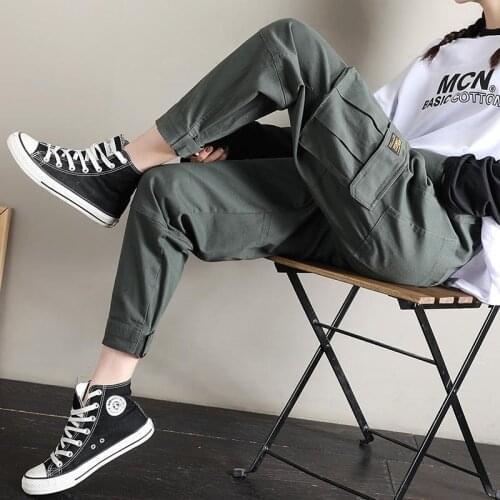 Cotton Cargo Pants Womens Loose BF Ankle Banded Pants Drawstring Sweatpants Capri Womens Pants Autumn Women Bottoms Pants 3xl