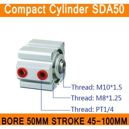 SDA50 Cylinder SDA Series Bore 50mm Stroke 45-100mm Compact Air Cylinders Dual Action Air Pneumatic Cylinders ISO