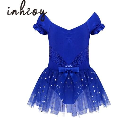 Kids Girls Ballet Tutu Dress Shiny Sequins Short Sleeves Dance Gymnastics Leotard Dress Girls Dancewear Ballerina Party Costumes