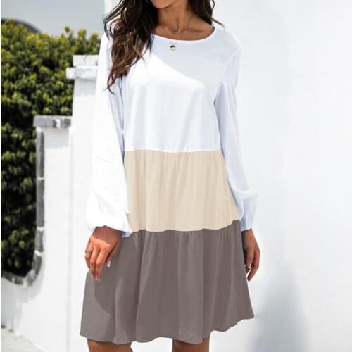 Uclio Elegant Chic Casual Women Dress Autumn Stitching Contrast Long Sleeve O Neck Midi Dresses