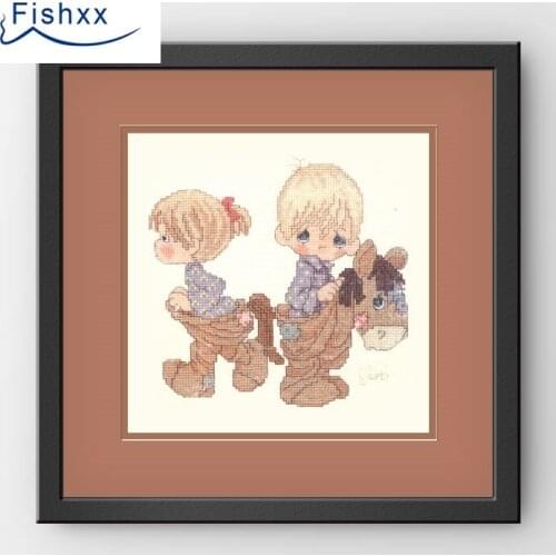 Fishxx Cross Stitch Package H239 Cute Cartoon Characters Dress Up With Little Donkey Boy And Girl Hand Embroidery