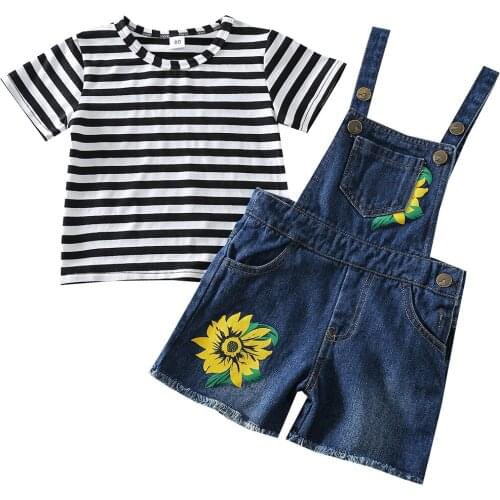 FOCUSNORM Summer 2pcs Baby Girls Clothes Sets Short Sleeve Striped Pullover T Shirts Tops Sunflowers Denim Overalls Shorts 1-4Y