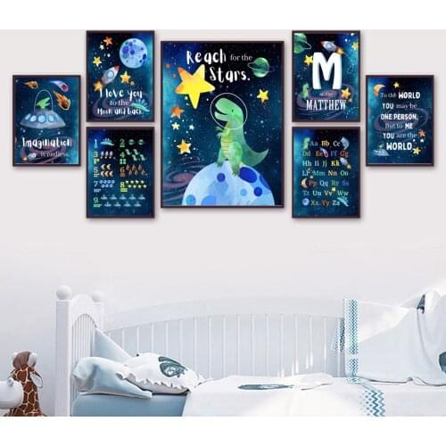 Space Dinosaur UFO Education Number Alphabet Nursery Wall Art Canvas Painting Nordic Print and Poster Pictures Kids Decoration