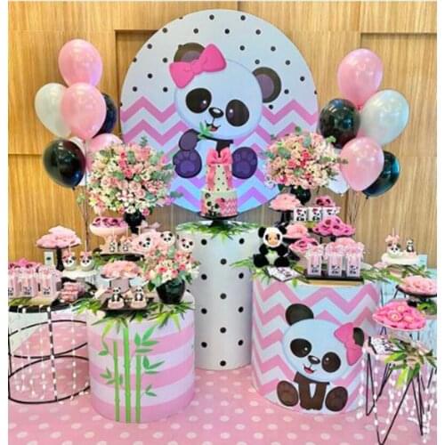 Round circle background birthday mini cake table party decor cute panda pink baby shower elastic fabric 3 cylinder plinth cover