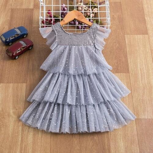 Summer Gray Layered Dress For Girls Lace Short Sleeve Knee-Length Casual Cloth For Children Sequined Princess Costume For Kids