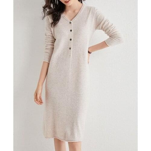 LHZSYY Autumn Winter New Cashmere Sweater Women V-Neck Dress 100%Pure Wool Fashion Korean 2020Loose Long Knitted Bottoming Skirt