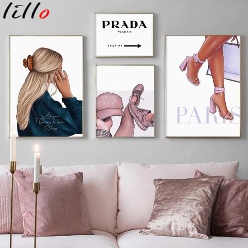 Fashion girl shoes perfume flowers quotes wall art canvas nordic painting posters and prints pictures wall for living room decor