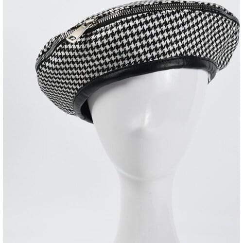 Fashion ins Zipper Beret For Women Houndstooth Beret Ladies Wedding Hat Trendy Leather Edging Painter Hat Wholesale