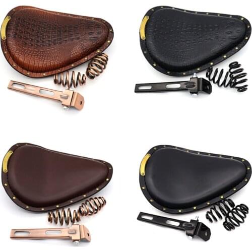 Motorcycle Retro Leather Old School Solo Saddle Seat Brown+3" Spring Bracket Mounting Base for Harley Cafe Custom Chopper Bobber