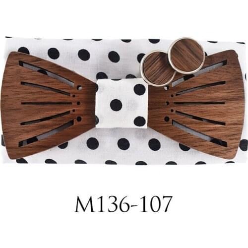 Novelty Wooden Bow Tie Hanky Cufflinks Set for Mens Suit Bowtie Wood Hollow Carved Gravatas Cravat Square Towel