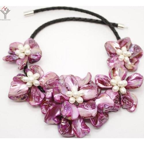 Wedding Women Jewelry natural white pearl 5 flower pendant Bright purple shell mother of pearl necklace black leather 18"