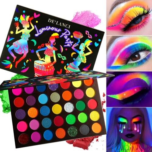 DE'LANCI Colorful Eyeshadow Palette Neon Glow in Dark Bright 35 Color High Pigmented Eye Shadow Pallet Matte Shimmer Glitter Eye