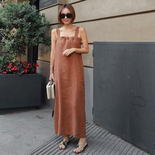 Spaghetti Strap Summer Dress Women Sleeveless Backless Long Maxi Dress Korean Cotton Linen Split Loose Oversized Vintage