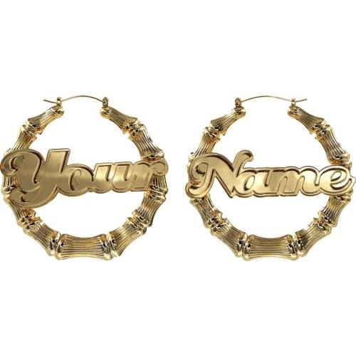 Gold Plated Personalized Bamboo Hoop Name Earrings Customized Name Earring Stainless Steel For Women Hip Hop Punk Jewelry Gift