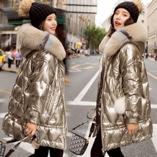 No Wash Super Large Fur Collar Down Jacket Women Long White Duck Down Overcoat New Fashion Korean Shiny Thick Warm Parka Jackets