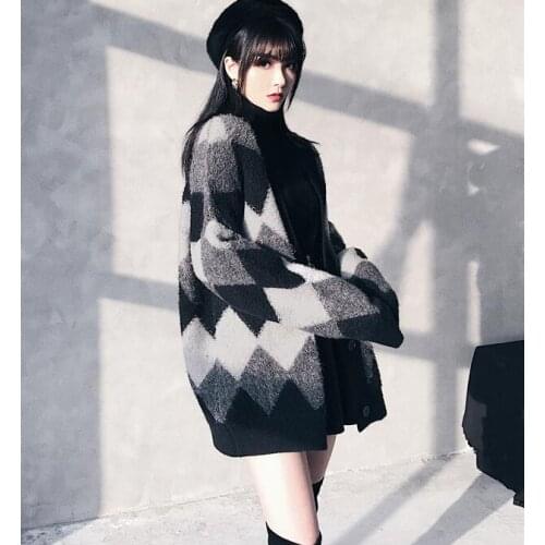 Ruibbit Winer Women Gothic Harajuku Punk Loose Vintage Black White Cardigan Single Breasted Long Sleeve Sweater coat