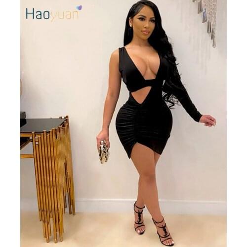 HAOYUAN Sexy Bodycon Mini Dress One Shoulder Long Sleeve Club Outfits for Women Fashion Streetwear Hollow Night Club Dresses