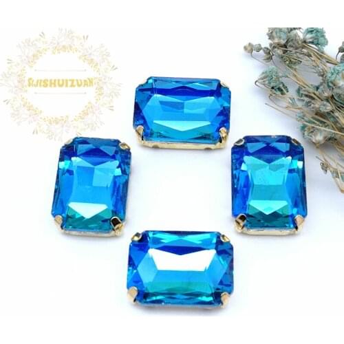 Turquoise blue AB color Rectangular Crystal Glass Sewing Rhinestones with gold Claw Rhinestones for Diy wedding Dress and Bags
