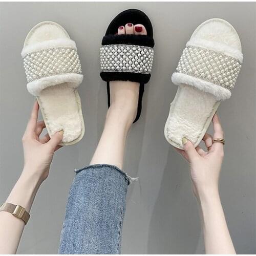Winter Women House Slippers Pearl Open Toe Warm Plush Womens Slipper Ladies Fashion Comfortable Indoor Flats Female Footwear