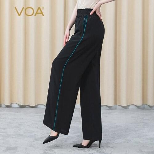 VOA Silk Elastic Waist Trousers Women KE367 Wood Ear Pocket Side Open Line Decoration Black Refreshing Wide-leg Pants Summer
