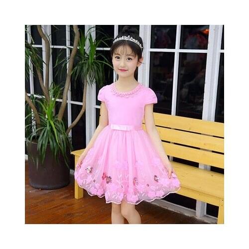 Explosion models summer 5 years old -10 years old girls baby childrens round neck dress short sleeves mesh princess dress