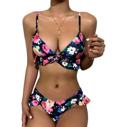 Xingqing Women’s Bikini Set Bathing Flower Print Beachwear Spaghetti Strap Ruffle Padded Bikini Tops + Swimming Bottoms Suits