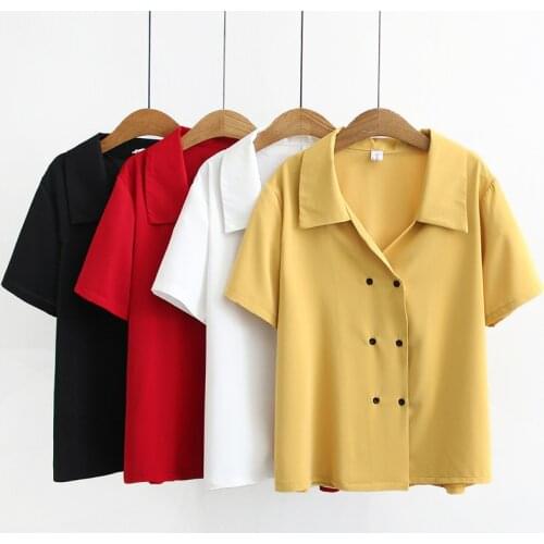 2020 Fashion Spring Summer Short sleeve Shirts Women Solid color Double-breasted Plus size 4XL Casual Tops Blouse Female 3374