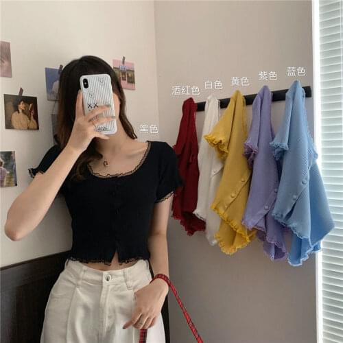 Woman TShirts Purple Top Lace Short-Sleeved Summer Knitted Cardigan For Women Crop Top Mujer Camisetas