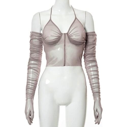 Women Sexy Mesh Crop Top with Gloves See Through Transparent Backless Aesthetic y2k Fashion Party Clubwear Female Blouses