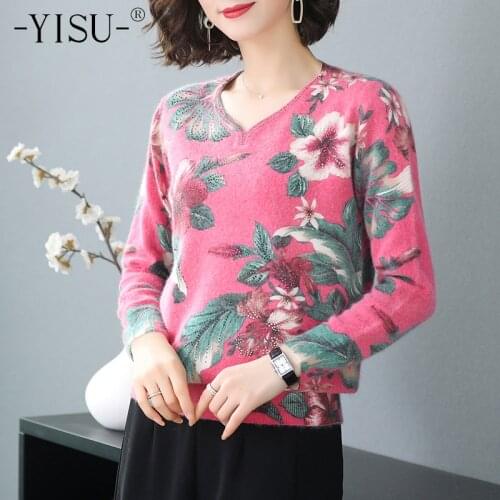 YISU Loose Printed Sweater Women Autumn winter Warm Knitted Pullovers O-neck Long sleeve Female Jumper Fashion Sweater Women