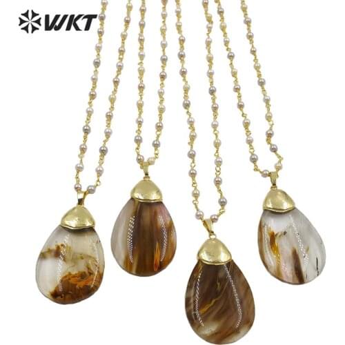 WT-N1220 fashion ruilated quartz necklace water drop raw stone with pearl beads gold electroplated chain necklace