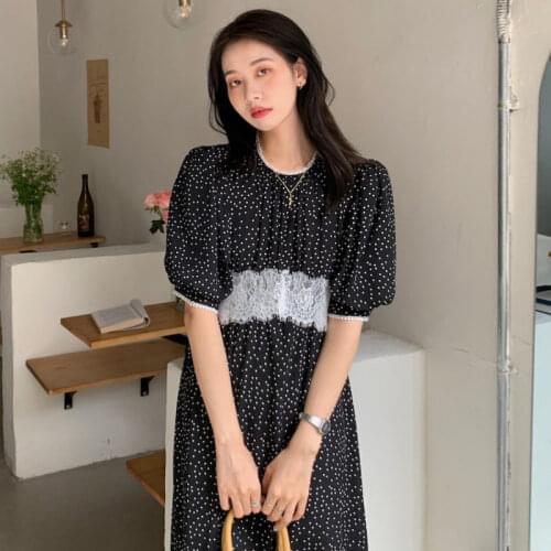Korean Chic Summer French Hepburn Style Temperament Lace Stitching Floral Long Polka Dot Chiffon Dress Female