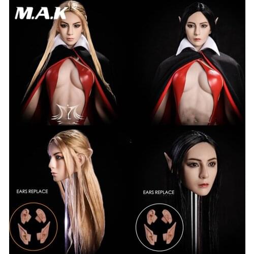 1:6 Female Head Carving Elf Girl Head Carved Black/Blond Hair Detachable Ears Sculpt Model for 12" Phichen Pale/Suntan Figure