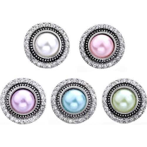 5pcs/lot New Pearl 18mm Snap Jewelry Snaps Metal Rhinestone Vintage Snap Buttons Fit 20mm 18mm Snap Button Bracelet