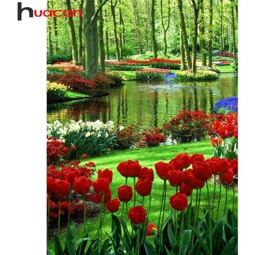 Huacan Diy Diamond Painting Flower Forest Scenery Full Square/round Diamond Embroidery River Tree Floral Decor Home Diamond Art