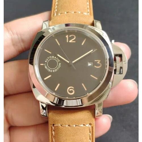 43mm Luxury Brand Mens Automatic Calendar Watches China Top Seagull Movement Polished Case Leather Strap Male Waterproof Clock