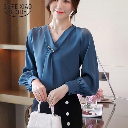 Spring V Neck Blouse Women Plus Size 2021 Autumn Lantern Long Sleeve Chiffon Shirt Solid Korean Tops Office Lady Pullovers New