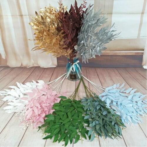 Artificial Willow Leaves Green White Fake Plants DIY Faux Bouquet Artificial Foliage for Home Wedding Forest Party Decoration