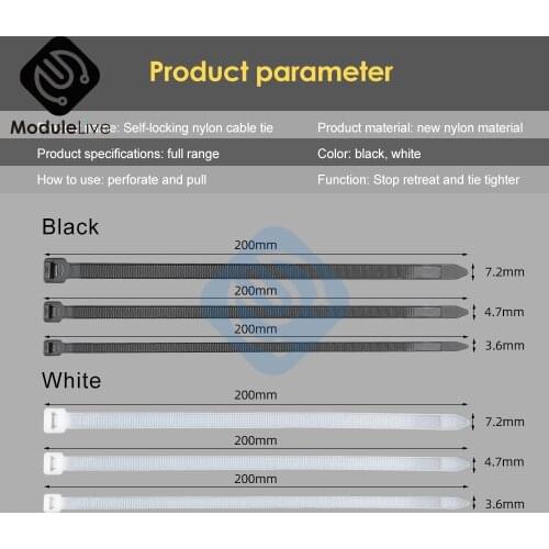 100PCS/Pack 4x200 8x200 5x200mm Nylon Cable Ties Black White Thickened Insulation Plastic Cable Tie 3.6x200mm 4.7x200mm Diymore
